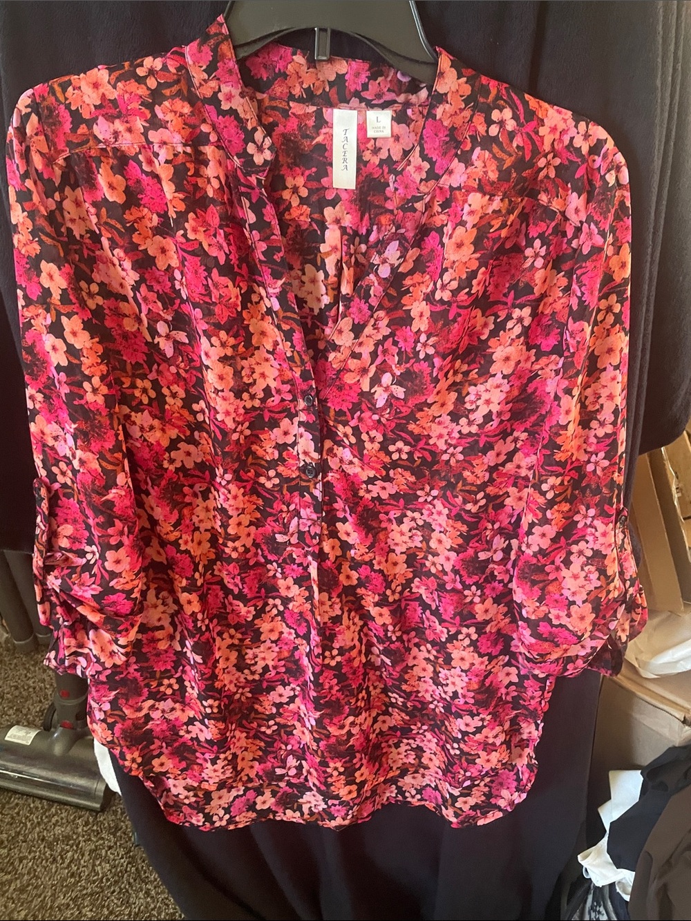Tacera Pink and Black Floral V-Neck Blouse